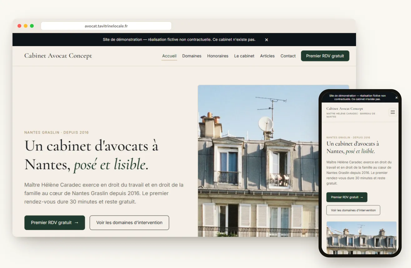 Maquette d’un site de cabinet d’avocats, affichage sur ordinateur et sur téléphone