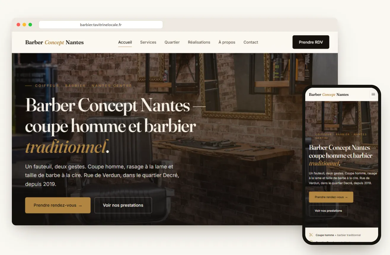Aperçu du site d'un coiffeur / barbier en Maine-et-Loire, sur ordinateur et mobile