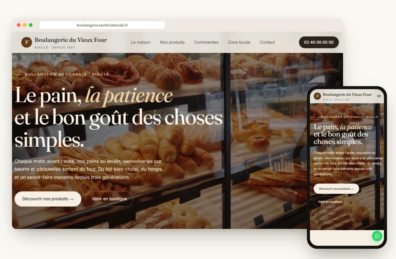 Aperçu du site d'une boulangerie-pâtisserie en Loire-Atlantique, sur ordinateur et mobile