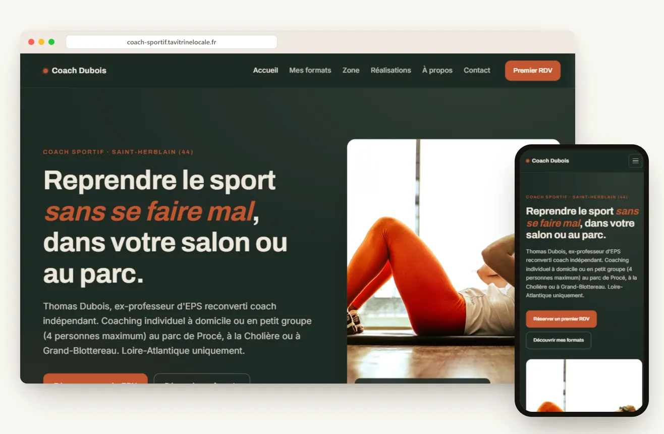Aperçu d'un concept de site pour coach sportif, sur ordinateur et mobile