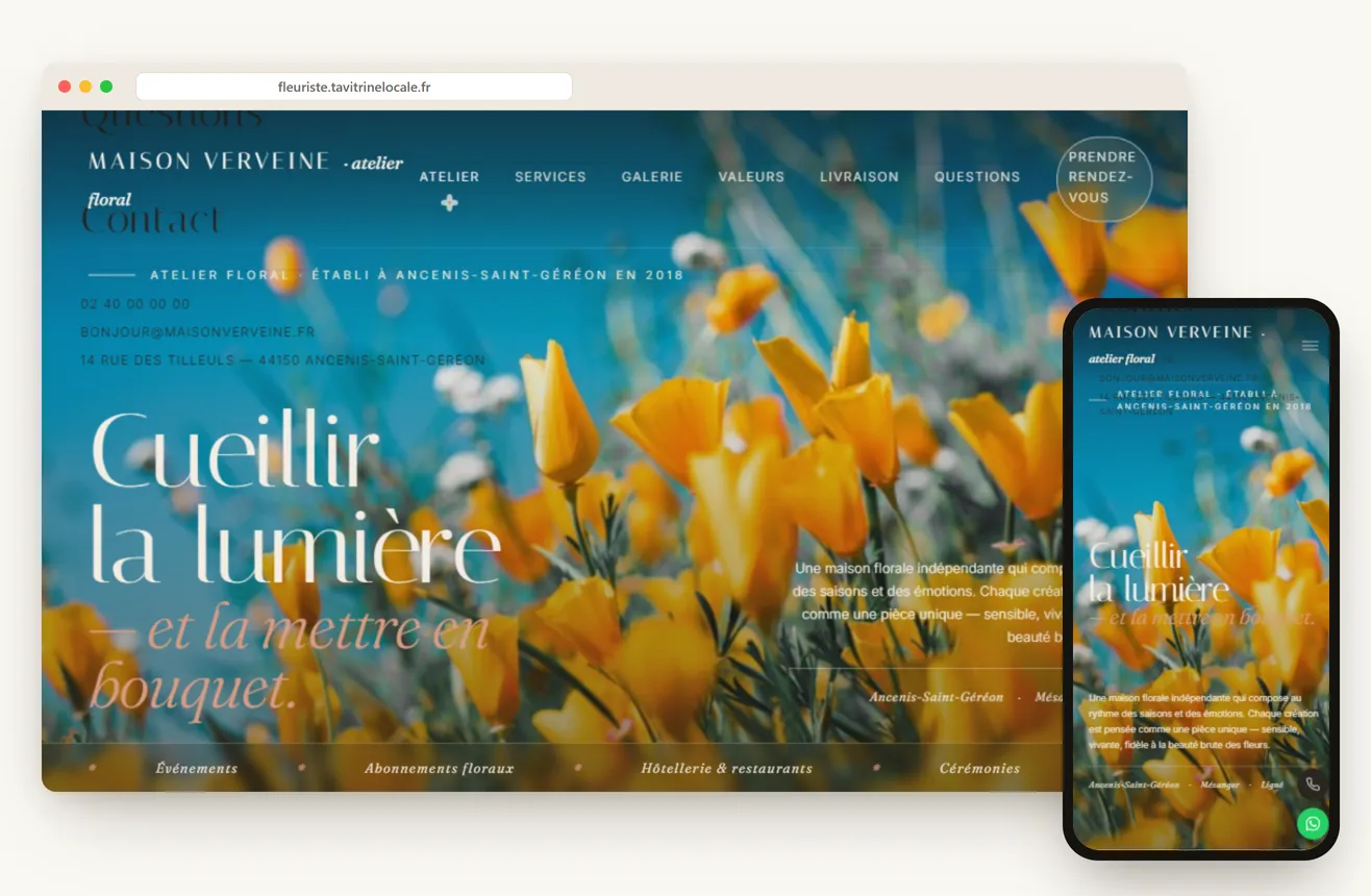 Aperçu du site d'un fleuriste en Loire-Atlantique, sur ordinateur et mobile