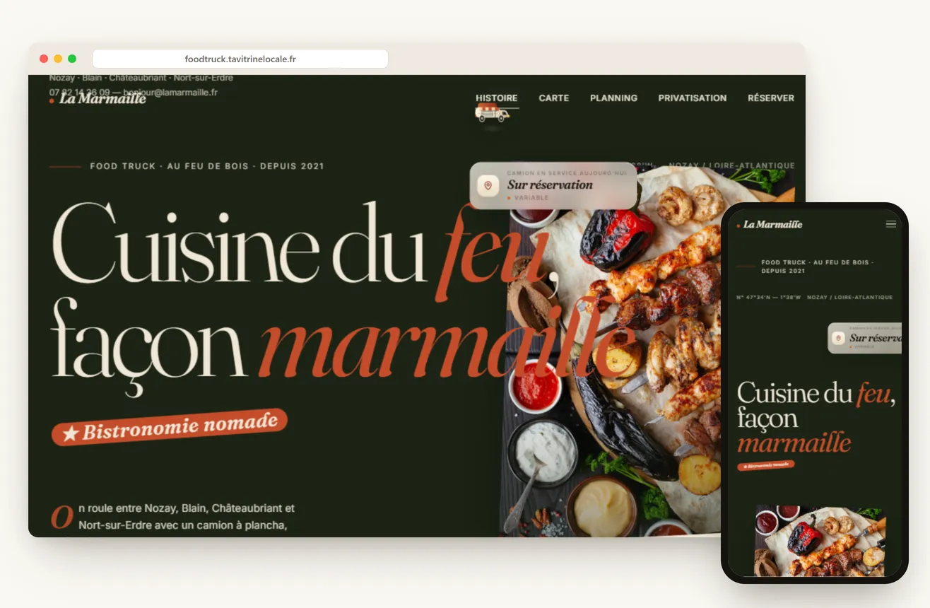 Aperçu du site d'un food truck en Loire-Atlantique, sur ordinateur et mobile