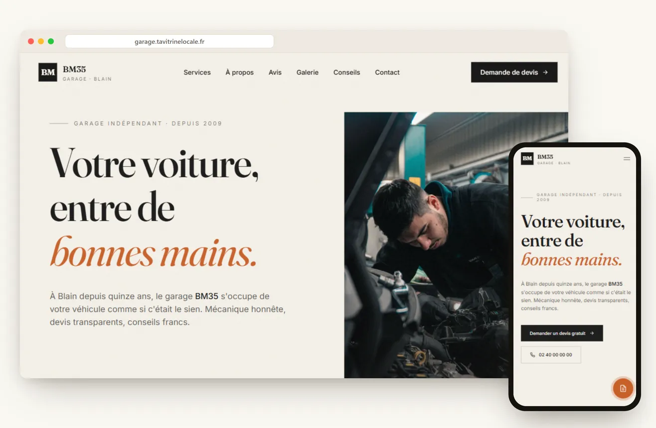 Aperçu du site d'un garage automobile à Saint-Malo en Ille-et-Vilaine, sur ordinateur et mobile