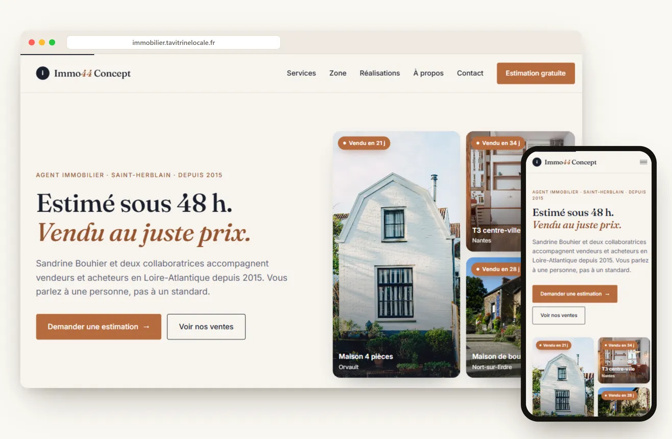 Aperçu du site de la démo Immo44 Concept, agence immobilière en Maine-et-Loire, sur ordinateur et mobile