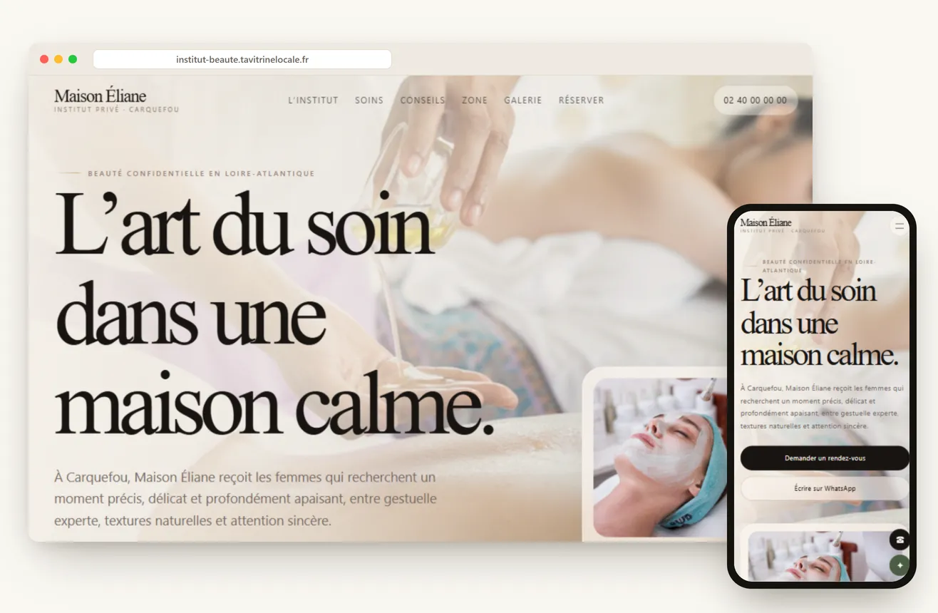 Aperçu du site d'un institut de beauté en Loire-Atlantique, sur ordinateur et mobile
