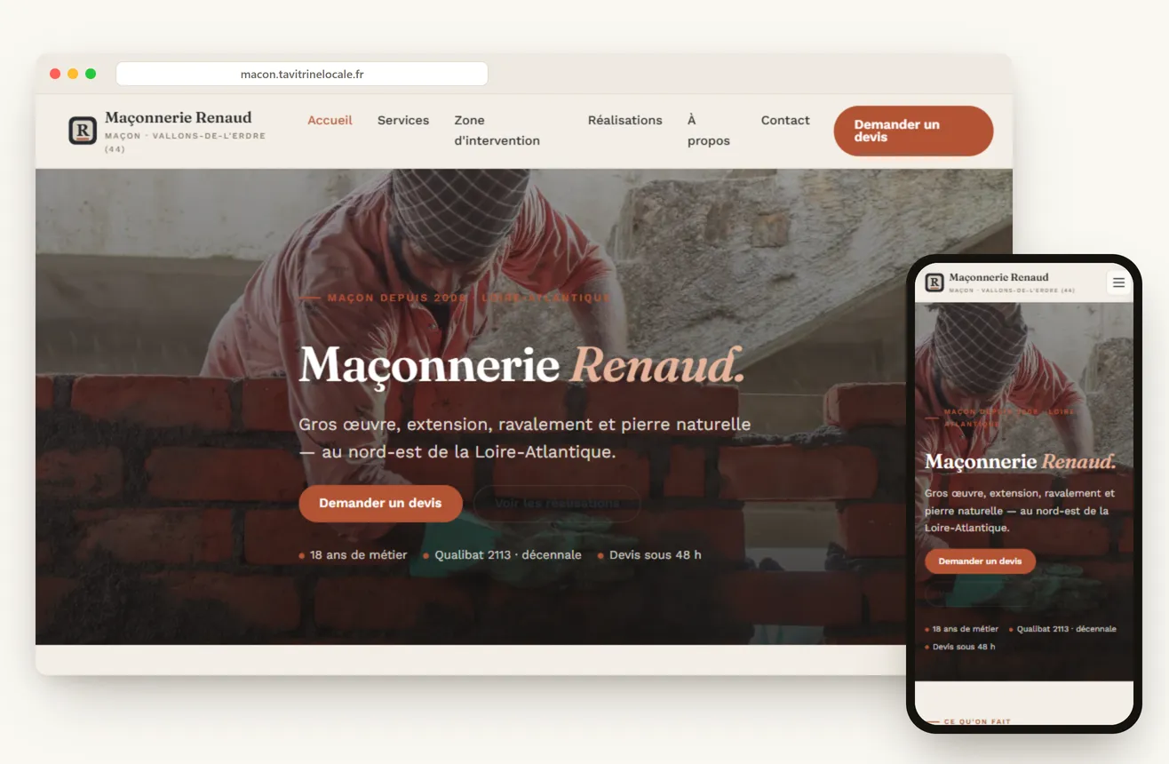 Aperçu du site de démonstration Maçonnerie Renaud, sur ordinateur et mobile