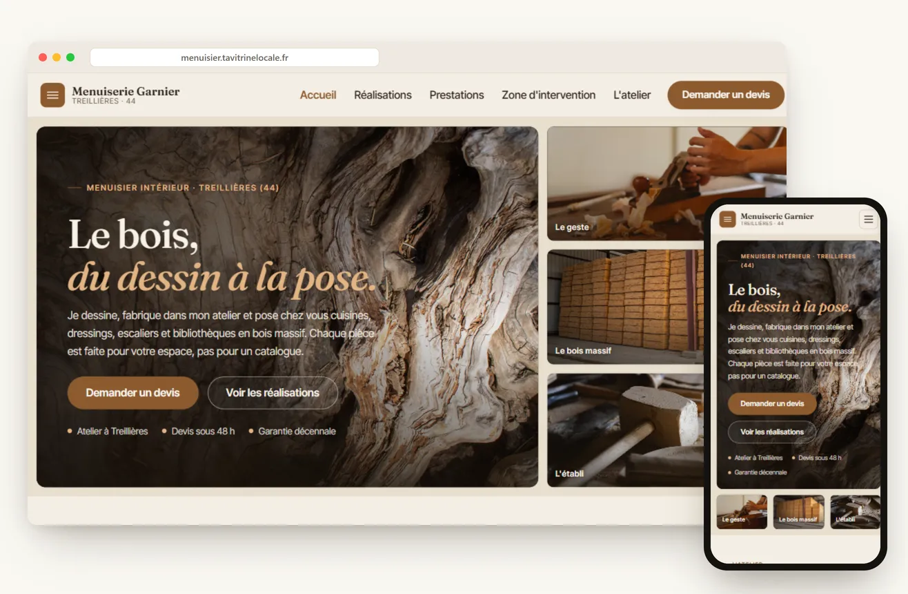 Aperçu d'un concept de site pour menuisier, sur ordinateur et mobile