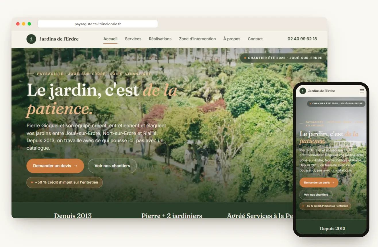Aperçu du site d'un paysagiste en Loire-Atlantique, sur ordinateur et mobile