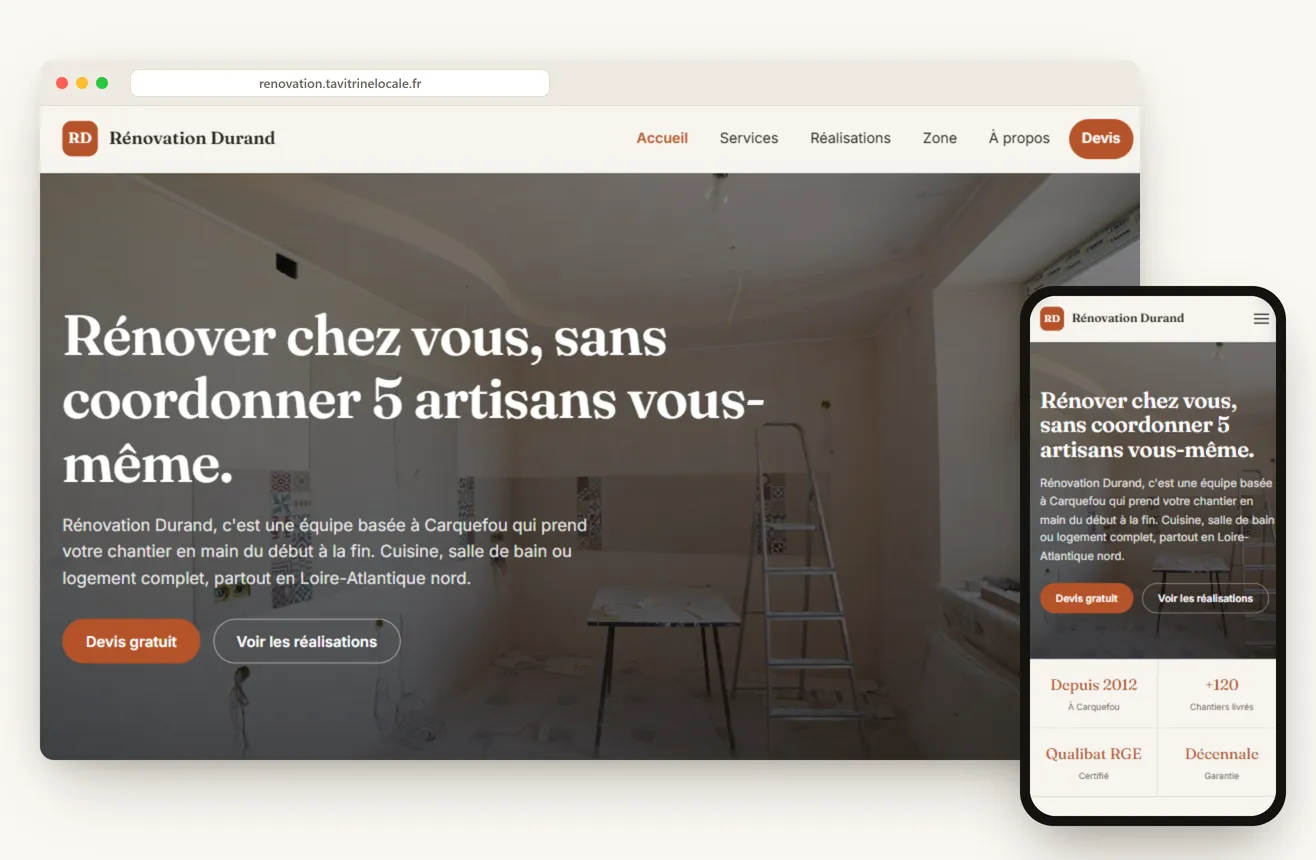 Aperçu d'un site d'entreprise de rénovation en Maine-et-Loire, sur ordinateur et mobile