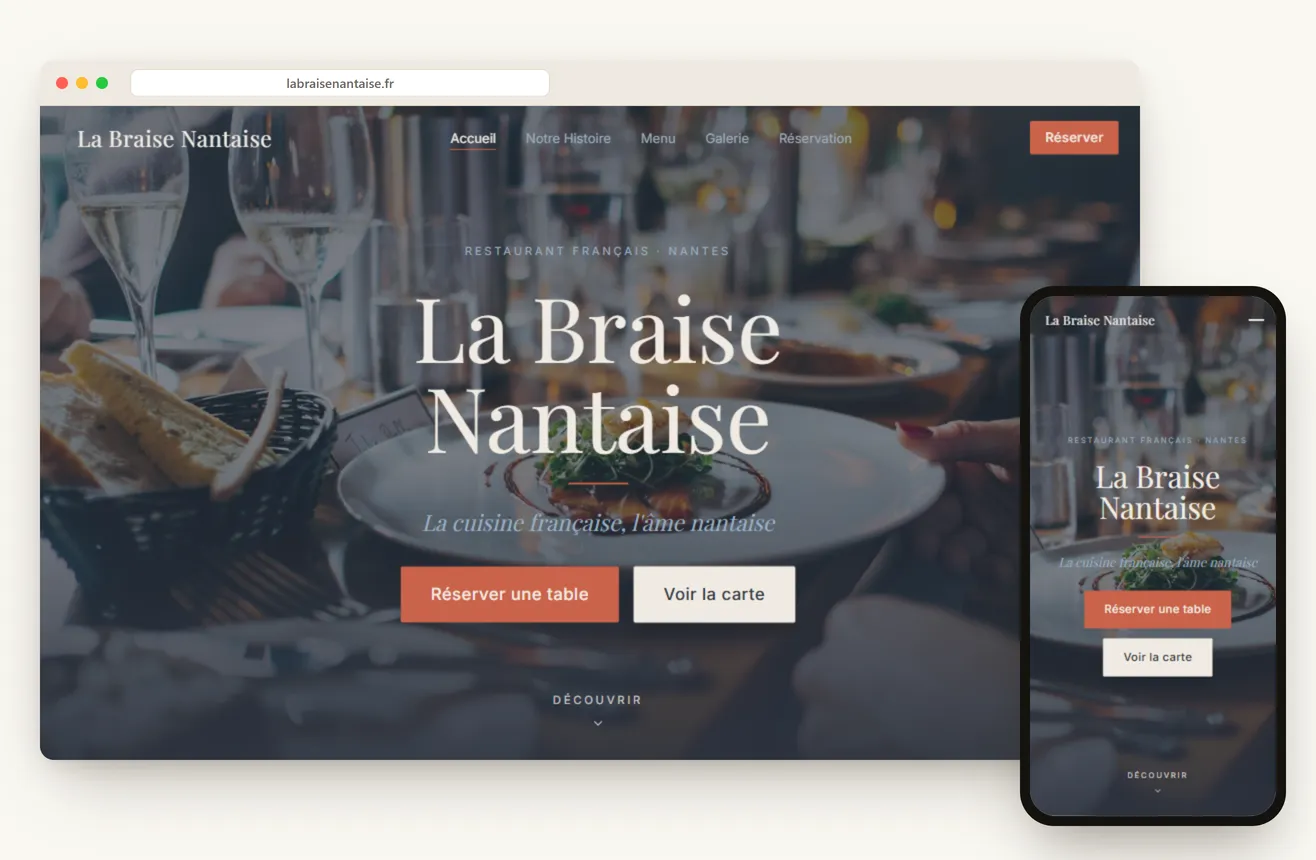 Aperçu d’un site de restaurant dans le Calvados, versions ordinateur et mobile