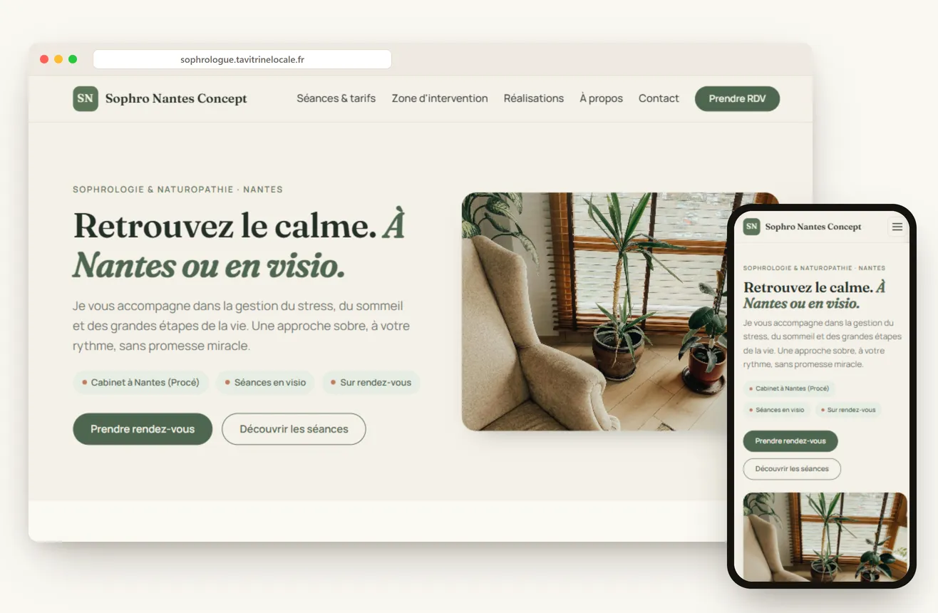 Aperçu du site d'un sophrologue / naturopathe en Loire-Atlantique, sur ordinateur et mobile