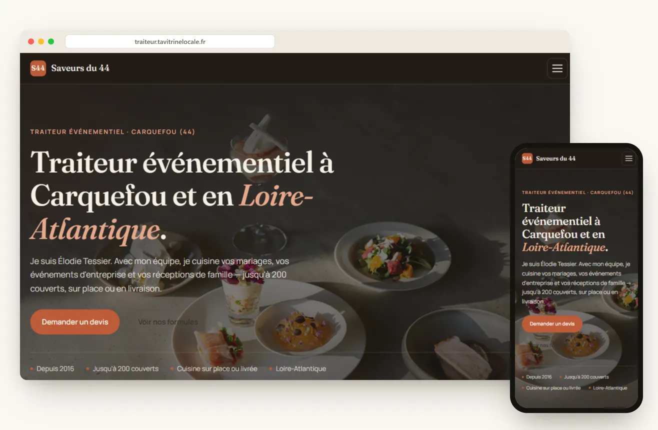 Aperçu d’un site de traiteur, sur ordinateur et mobile