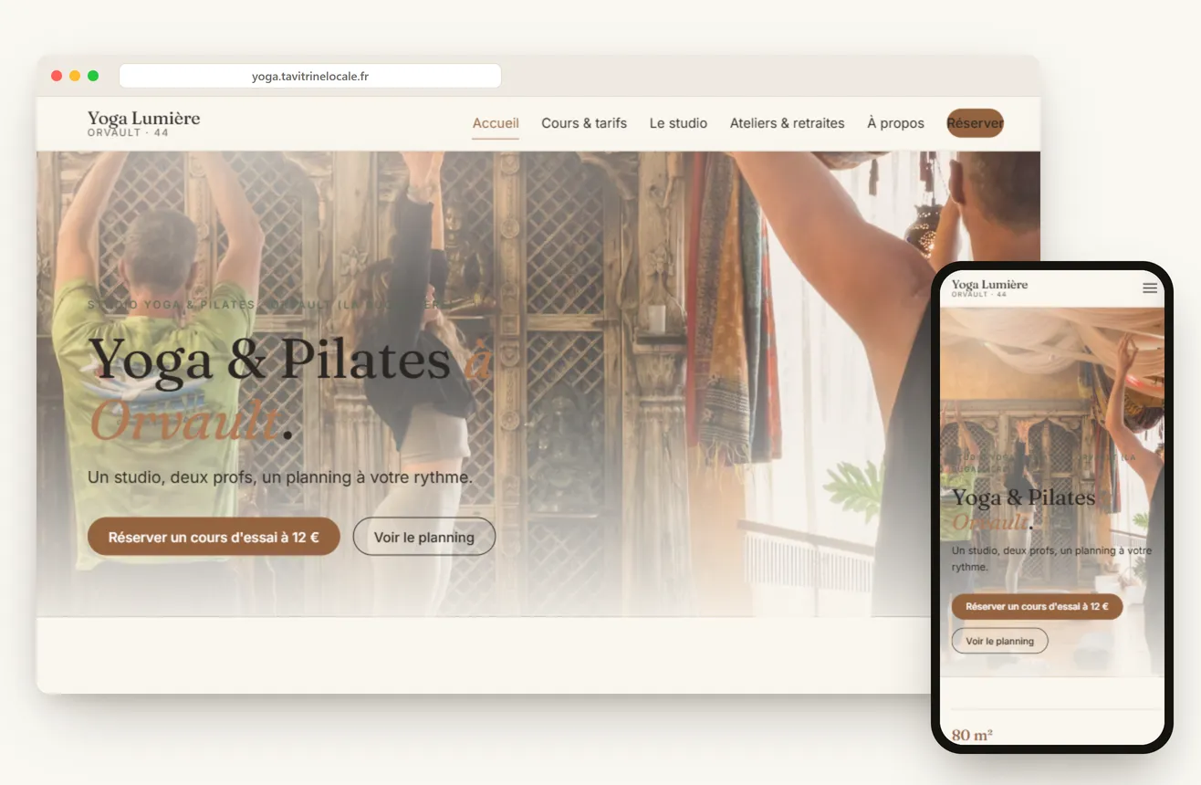 Aperçu d'un site de studio de yoga et Pilates en Loire-Atlantique, sur ordinateur et mobile