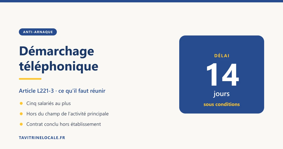 Illustration : les deux conditions de l’article L221-3 et le délai de 14 jours de rétractation pour un professionnel démarché