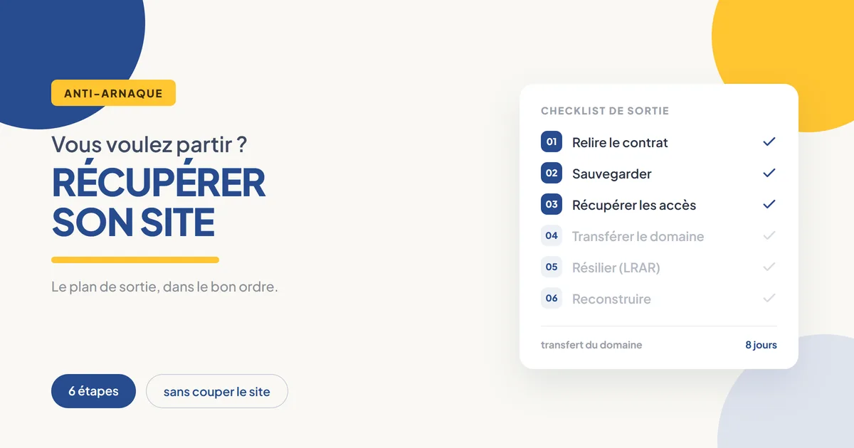 Illustration : la checklist de sortie en 6 étapes pour récupérer son site internet et changer de prestataire