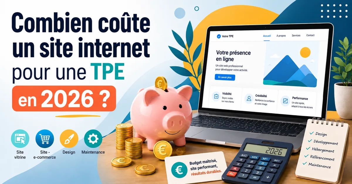 Illustration sur le budget d'un site internet pour une TPE/PME : tirelire et pièces en euros, ordinateur portable affichant un site vitrine, calculatrice et check-list design, hébergement, référencement et maintenance.