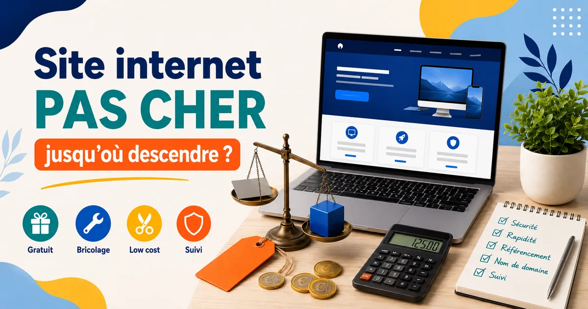Illustration titrée « Site internet pas cher&nbsp;: jusqu’où descendre&nbsp;? »&nbsp;: balance, pièces en euros, étiquette de prix, ordinateur portable affichant un site vitrine, calculatrice et check-list.