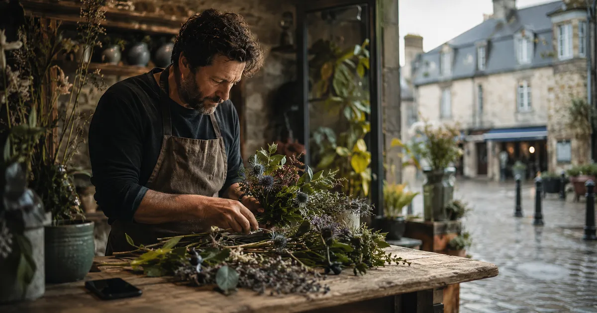 Fleuriste d'une petite ville de Bretagne composant un bouquet de chardons bleus, son smartphone posé et ignoré sur l'établi, faute de temps pour sa présence en ligne