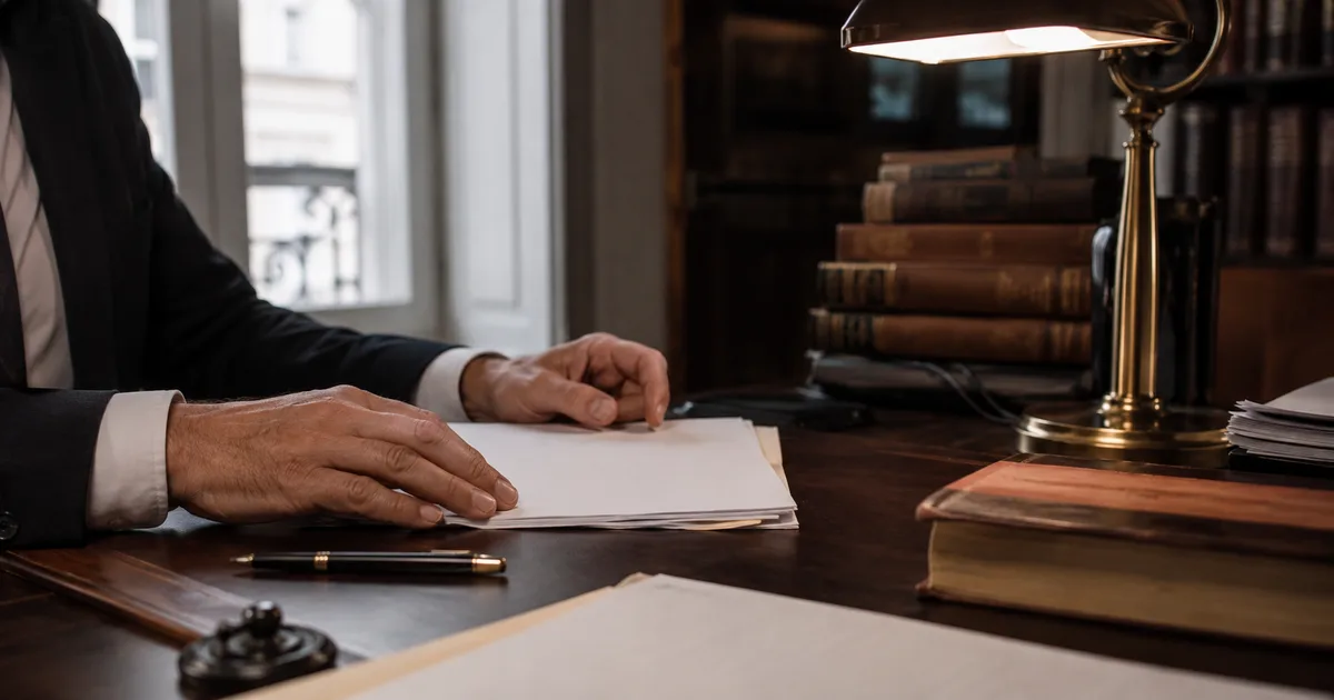 Bureau d'avocat sobre avec code, ordinateur portable affichant le site du cabinet et une prise de rendez-vous en ligne