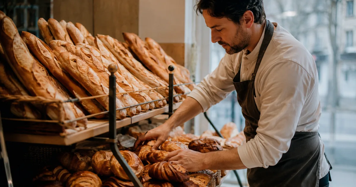 Vitrine d'une boulangerie de quartier au petit matin, pains et viennoiseries en devanture, consultée sur un téléphone pour les horaires