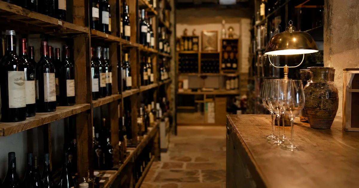Un caviste présente une bouteille lors d'une dégustation dans sa cave à vin, autour d'un comptoir en bois