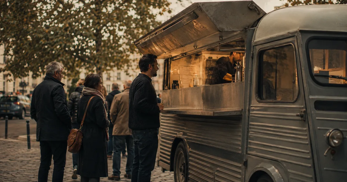 Écran de téléphone montrant le site d'un food truck avec l'emplacement du jour sur une carte, les horaires et le menu