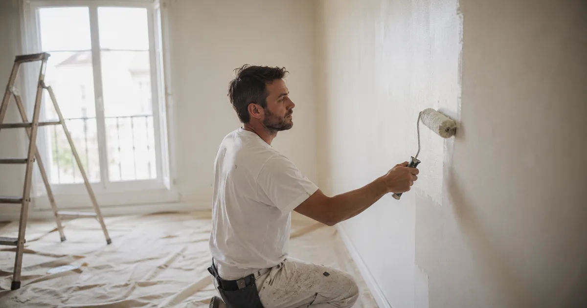 Peintre en bâtiment appliquant une couche de finition dans une pièce rénovée, avec un mur mis en valeur en avant-après sur un site mobile