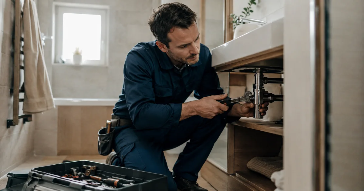 Plombier au téléphone devant un chauffe-eau, avec la fiche Google et le numéro cliquable de son site affichés sur un smartphone