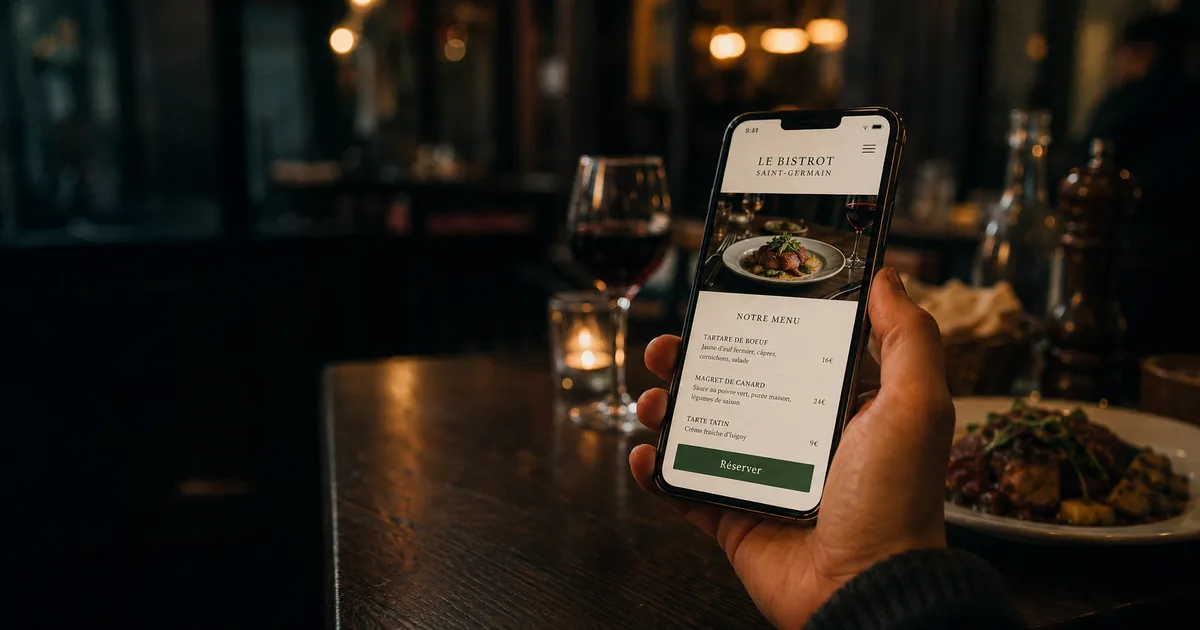 Aperçu d'un site internet de restaurant sur mobile, avec carte lisible et réservation en un clic