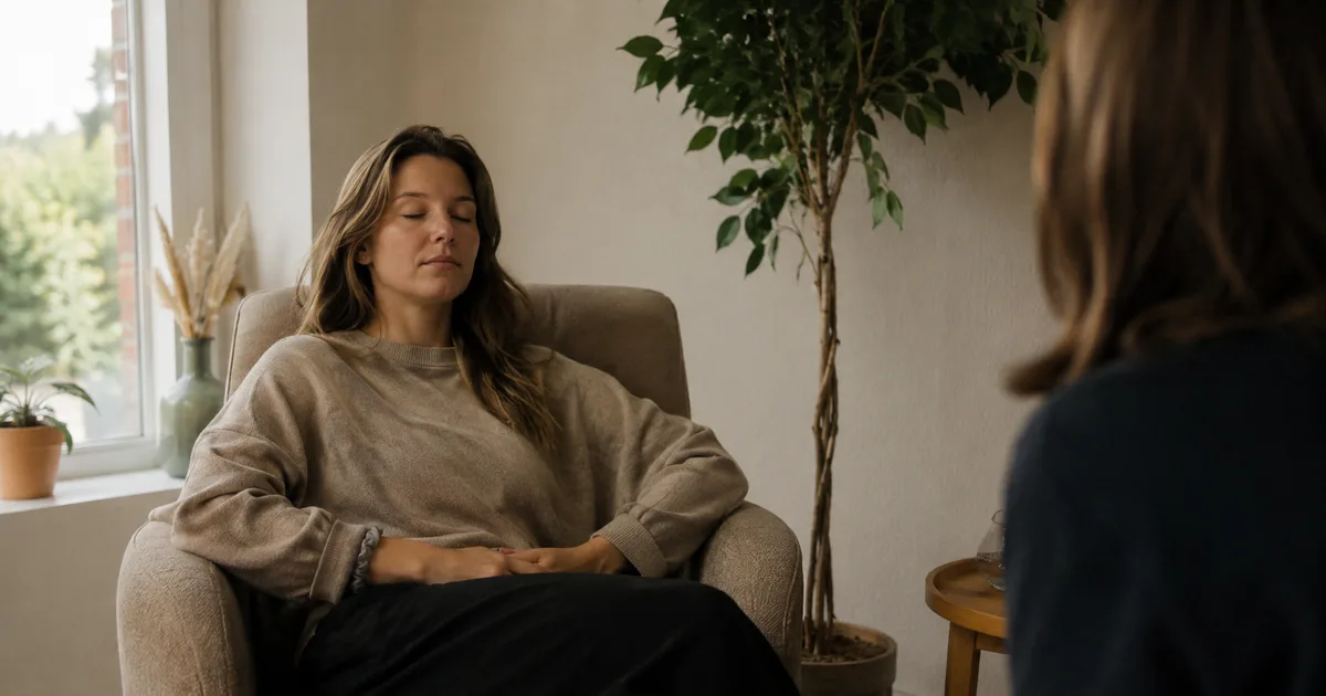 Cabinet de sophrologie sobre et lumineux avec fauteuil et coussin, prêt pour une première séance