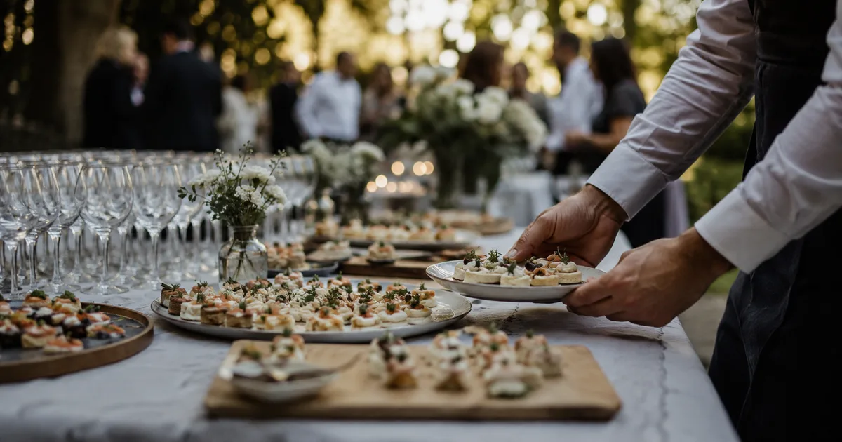 Buffet de mariage dressé par un traiteur, consulté sur un téléphone via la page mariage de son site
