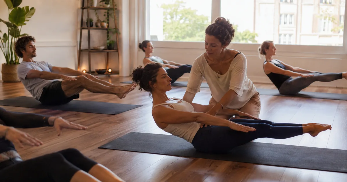 Un cours de yoga collectif dans un studio lumineux, tapis alignés et pratiquants en posture, avec un planning affiché sur un téléphone