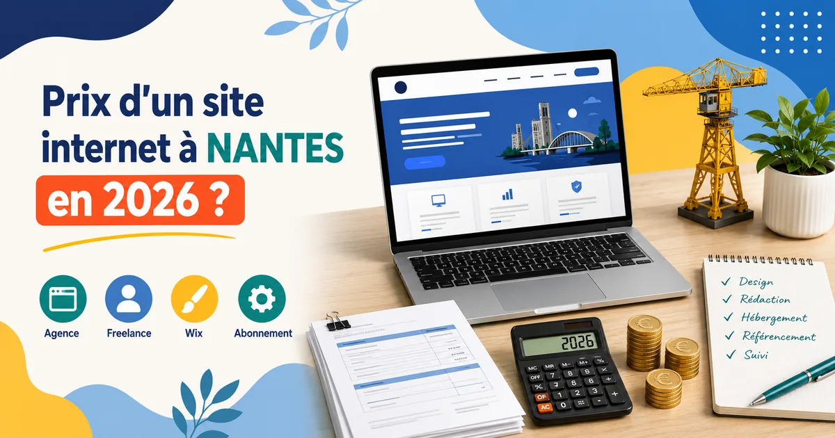 Illustration titrée « Prix d’un site internet à Nantes en 2026&nbsp;? »&nbsp;: ordinateur portable affichant un site vitrine nantais, devis papier, calculatrice, piles de pièces en euros, grue et check-list design, rédaction, hébergement, référencement, suivi.