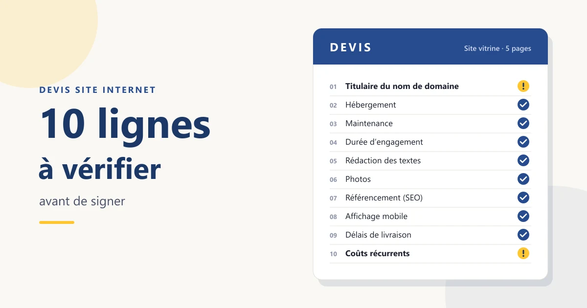 Illustration : un devis de site internet dont dix lignes sont vérifiées une à une, deux signalées comme absentes