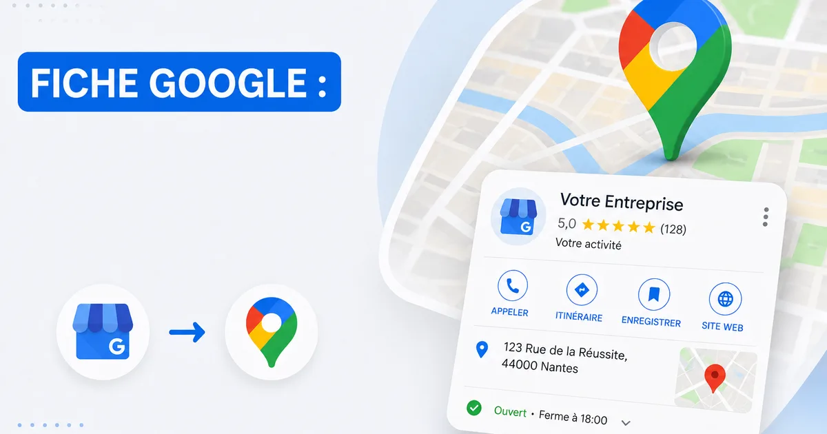 Illustration d'une fiche Google Business Profile affichée dans Google Maps : carte d'un commerce à Nantes avec sa note 5 étoiles, ses horaires et les boutons Appeler et Itinéraire.